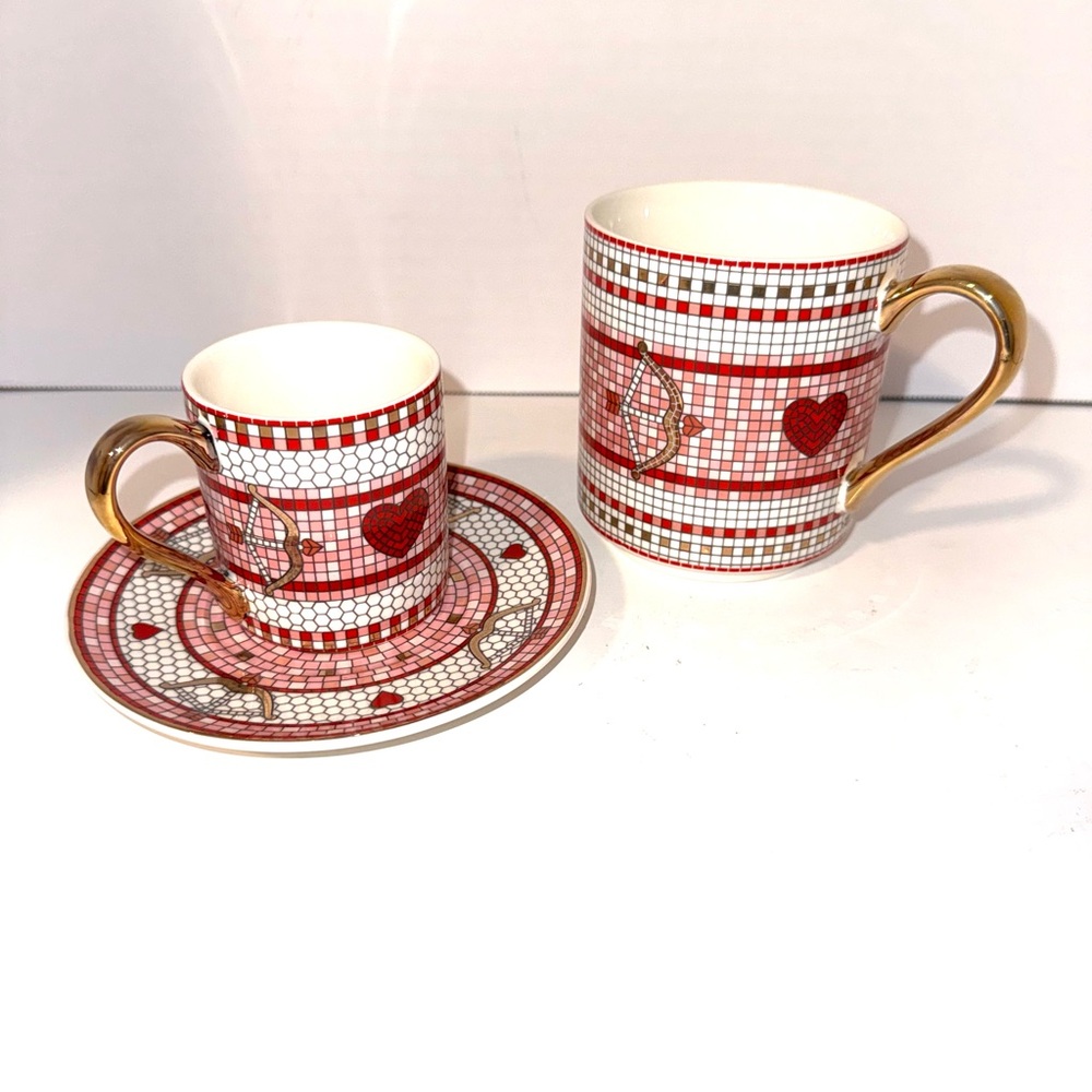 Anthropologie Bistro Tile Stoneware Valentines Mug & Espresso Set